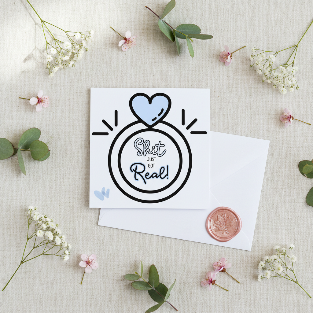 Funny Engagement Card – “Sh*t Just Got Real” | Square Card