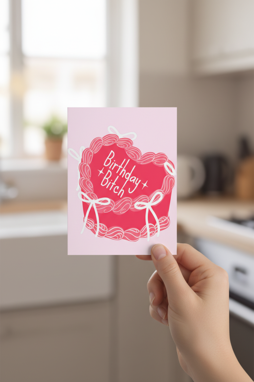 Funny Rude Birthday Card – “Birthday Bitch” Pink Cake Design