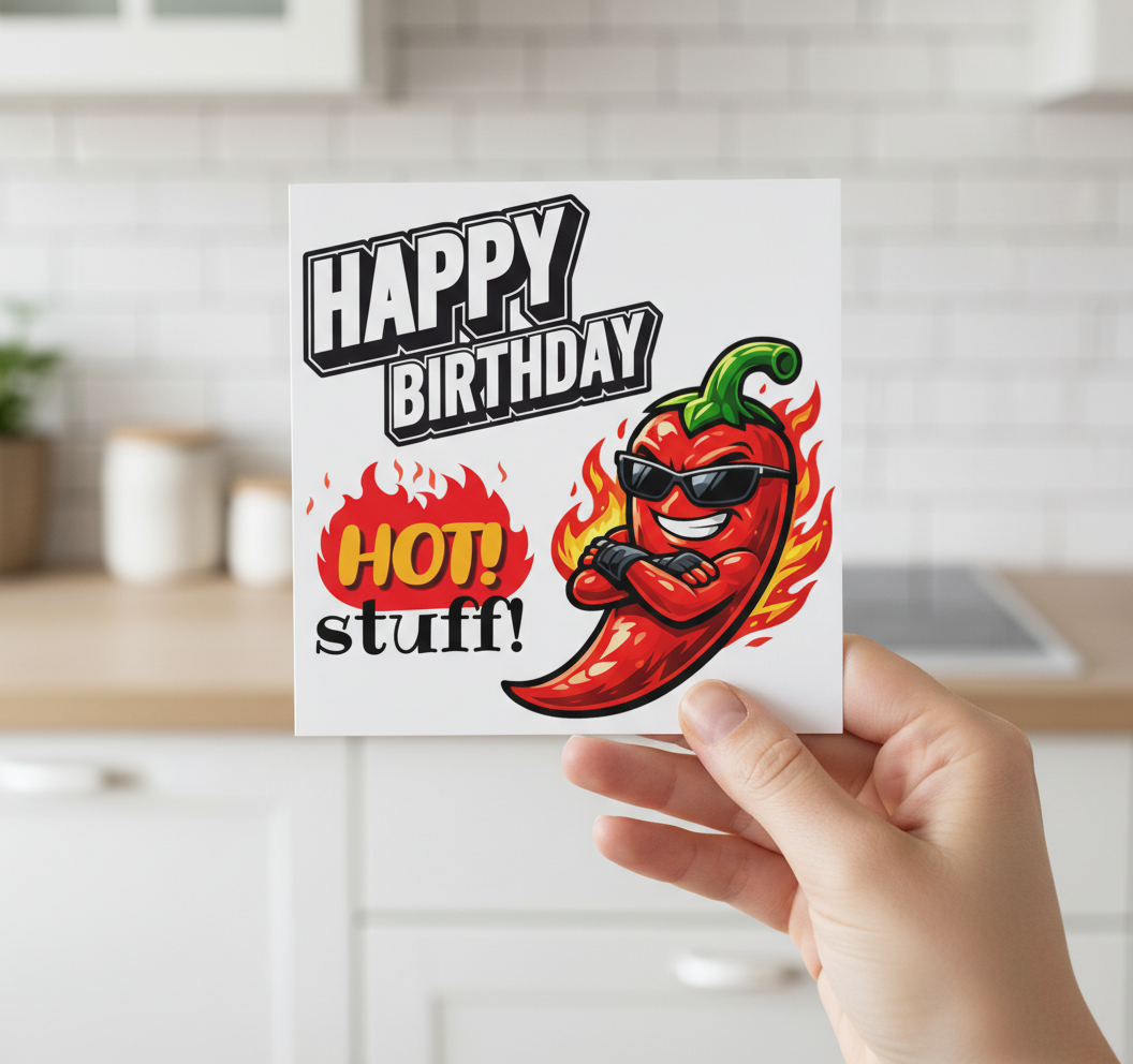 Funny Spicy Birthday Card – “Happy Birthday Hot Stuff” Chilli Design