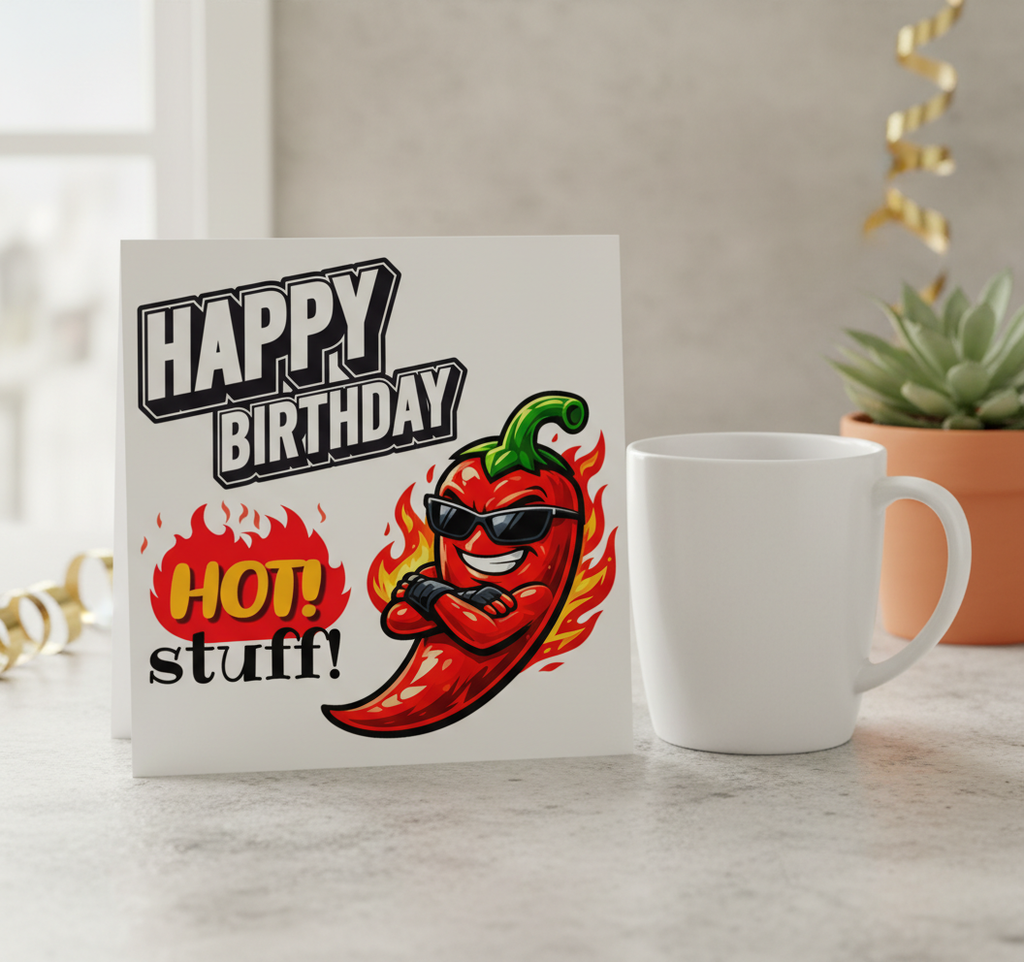 Funny Spicy Birthday Card – “Happy Birthday Hot Stuff” Chilli Design