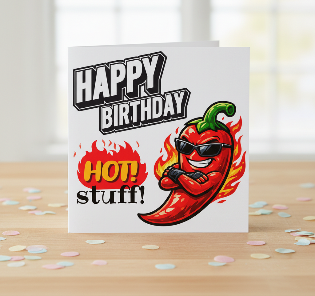 Funny Spicy Birthday Card – “Happy Birthday Hot Stuff” Chilli Design