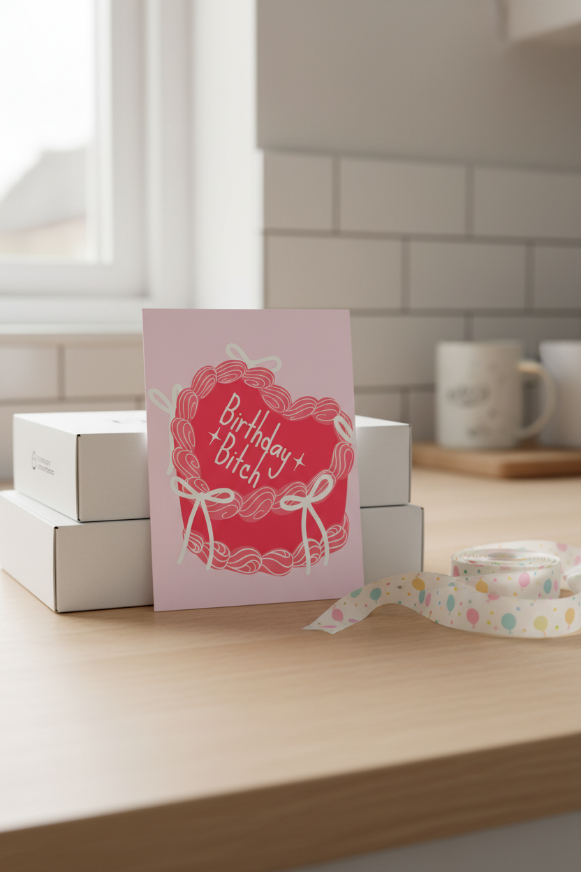 Funny Rude Birthday Card – “Birthday Bitch” Pink Cake Design