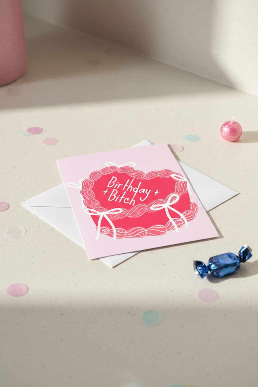 Funny Rude Birthday Card – “Birthday Bitch” Pink Cake Design