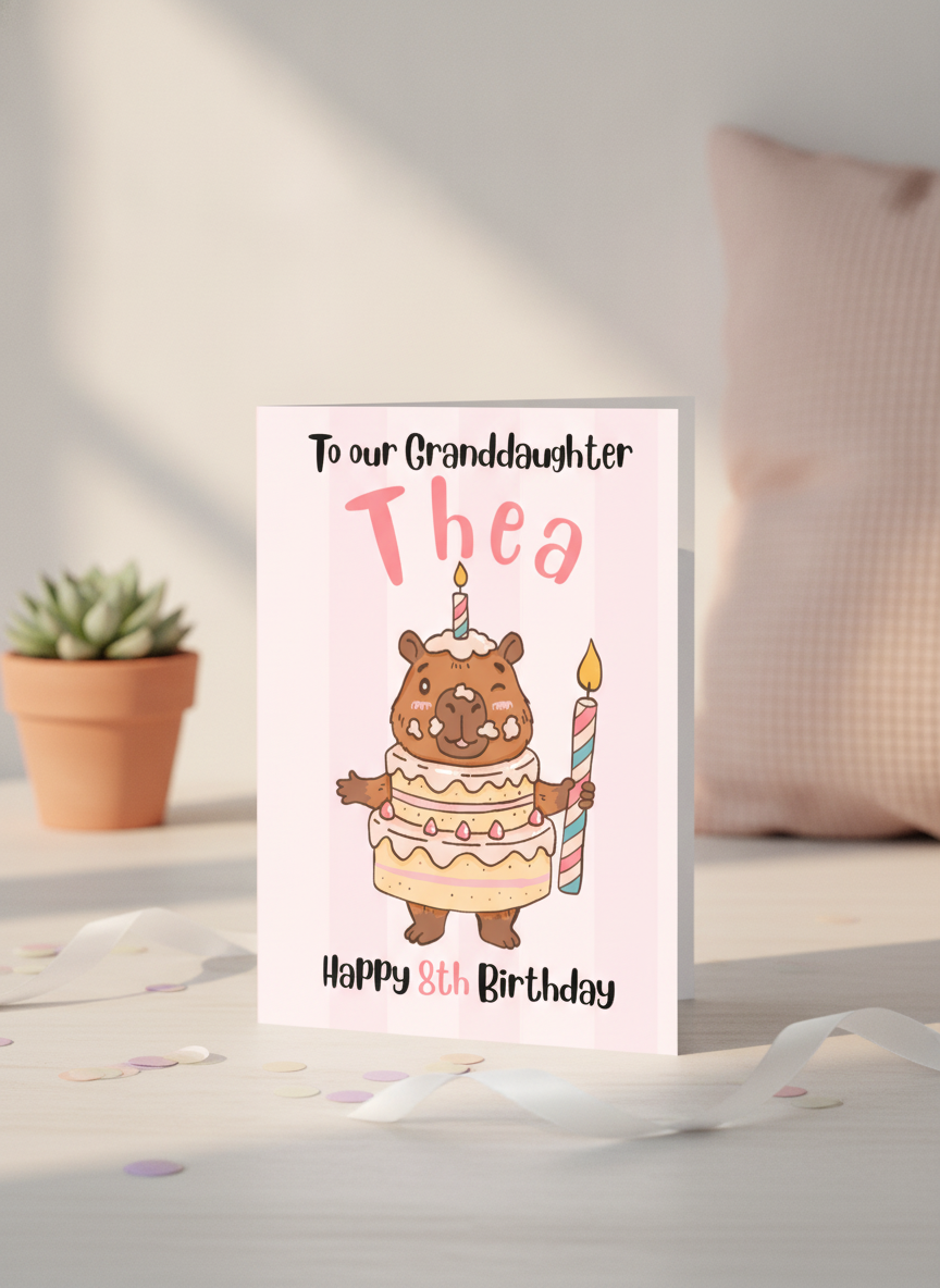Personalised Birthday Card: Capybara with Cake - A5 UK Printed