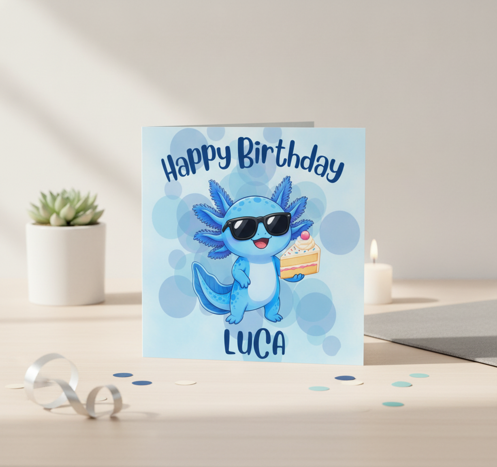 Personalised Blue Axolotl Birthday Card with Cake – Square & Cute