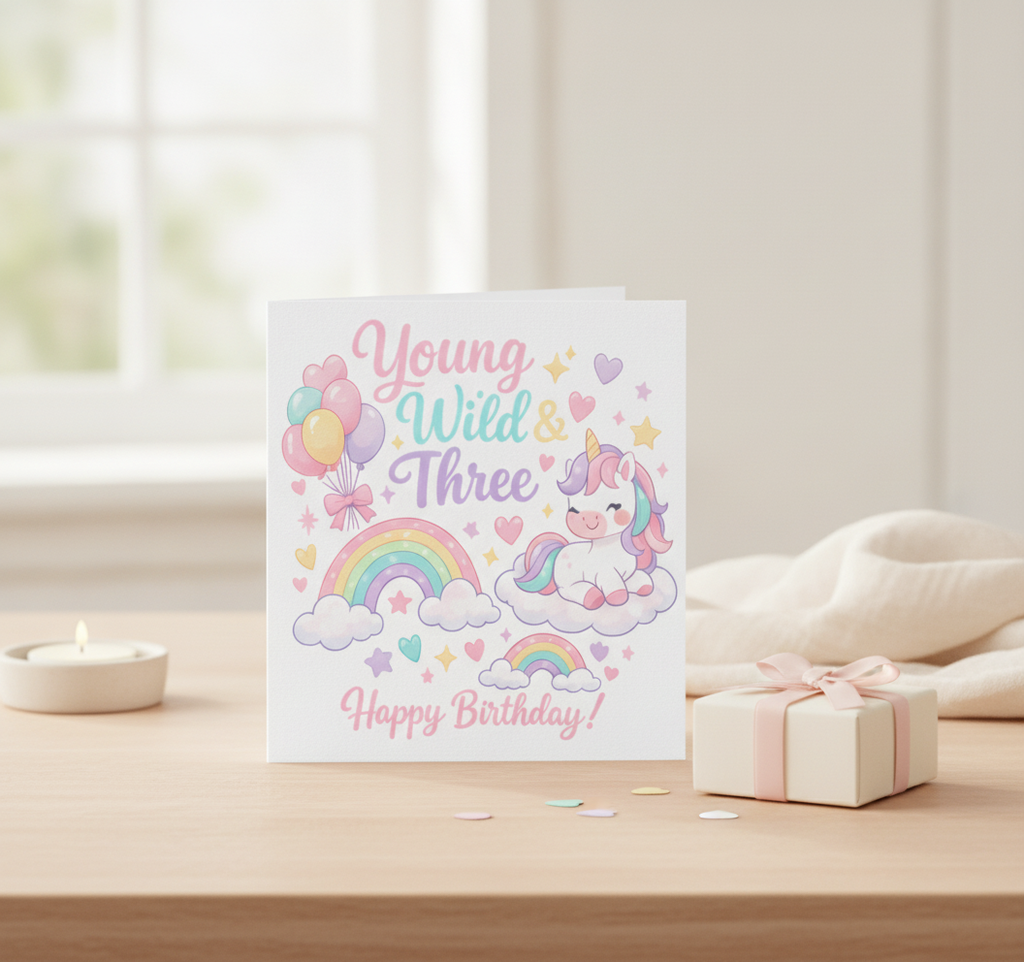 Young Wild & Three 3rd Birthday Card – Square & Ready for Fun