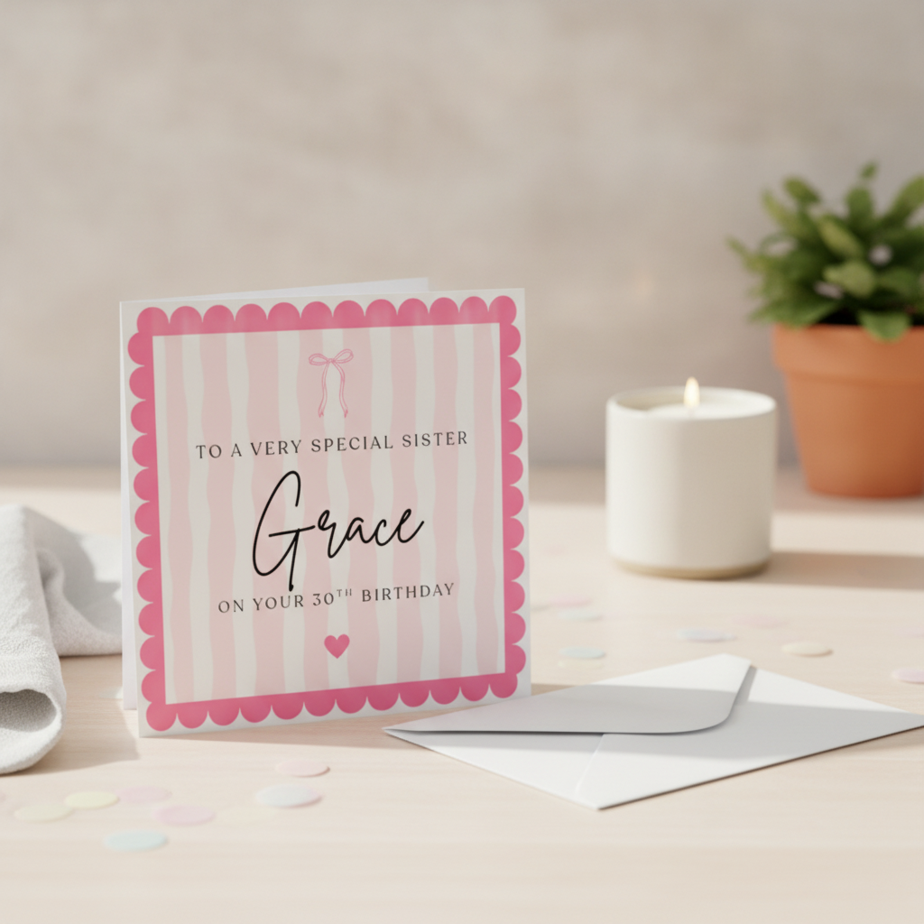 Personalised Pink Bow 30th Birthday Card - Chic Square Design for Her