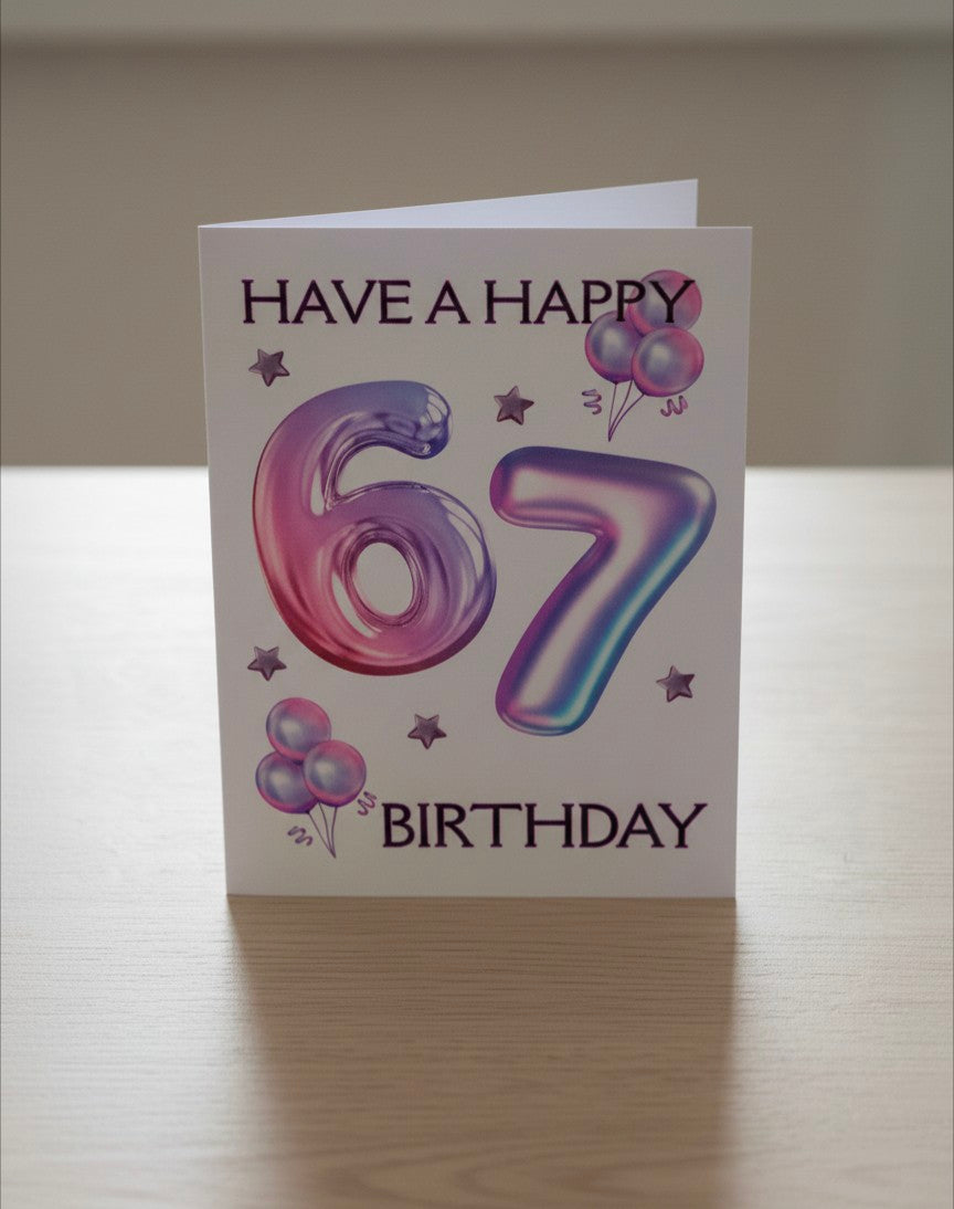 6/7 Birthday Card | Purple Balloon Numbers
