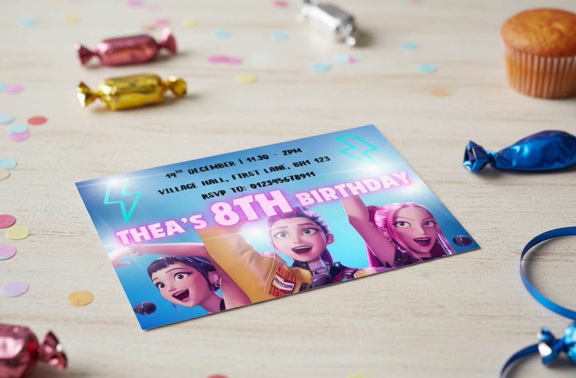 Personalised Blue K-Pop Kids Birthday Party Invitations | Custom Name, Age & Details | Packs of 10, 20 or 30 | Includes Envelopes