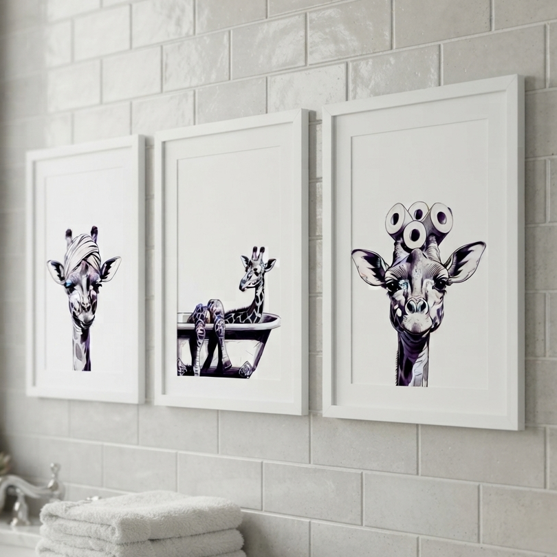 3 Set of Giraffe Bathroom Prints