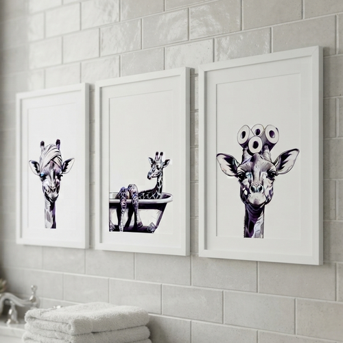 3 Set of Giraffe Bathroom Prints