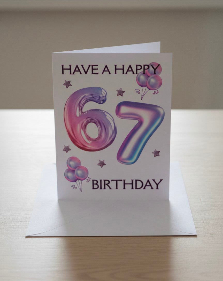 6/7 Birthday Card | Purple Balloon Numbers