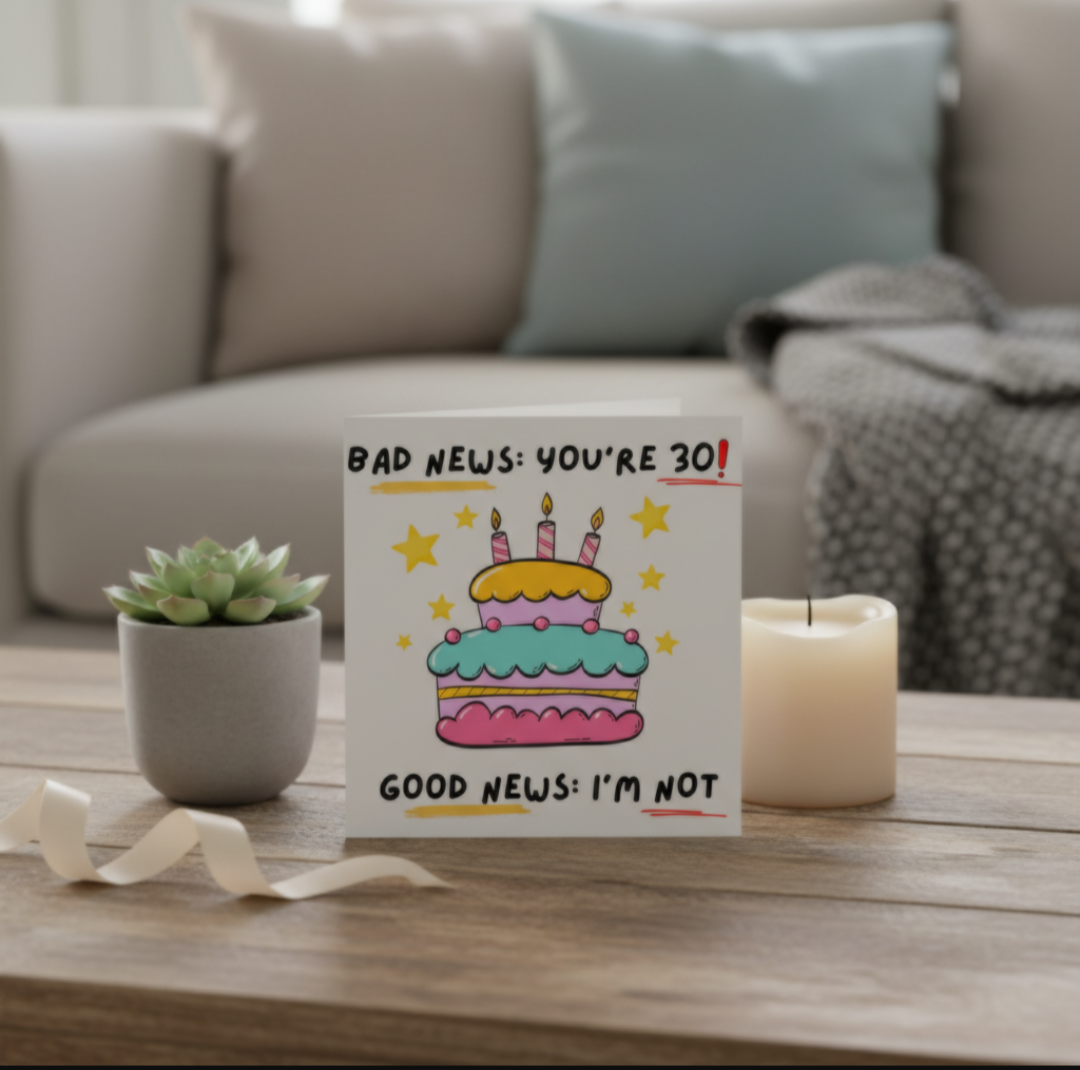 Funny 30th Birthday Card – “Bad News: You’re 30”