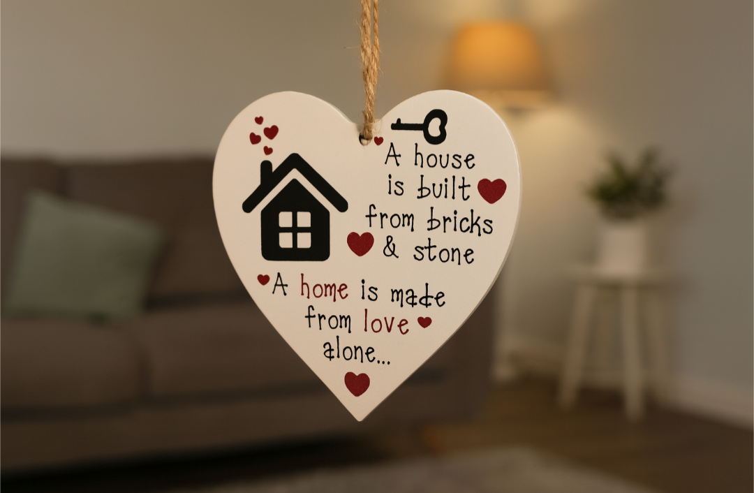 New Home Wooden Heart Plaque – A House is Built from Bricks & Stone Quote