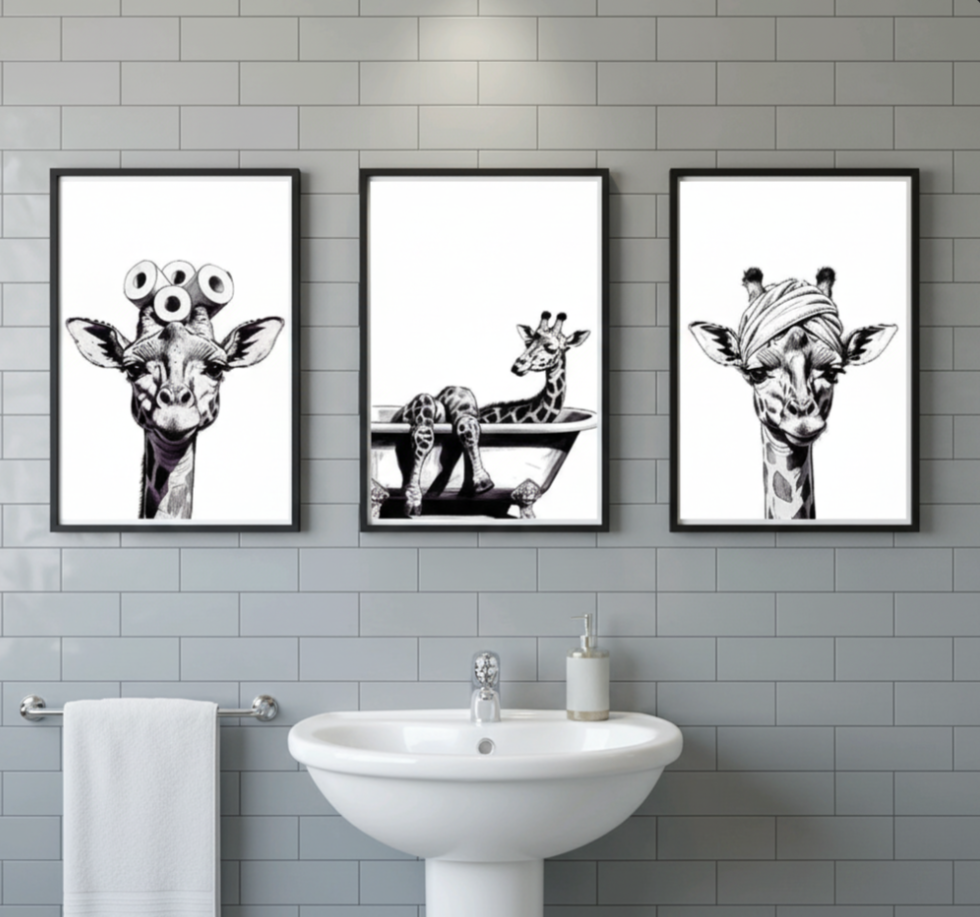 Giraffe bathroom prints set of 3