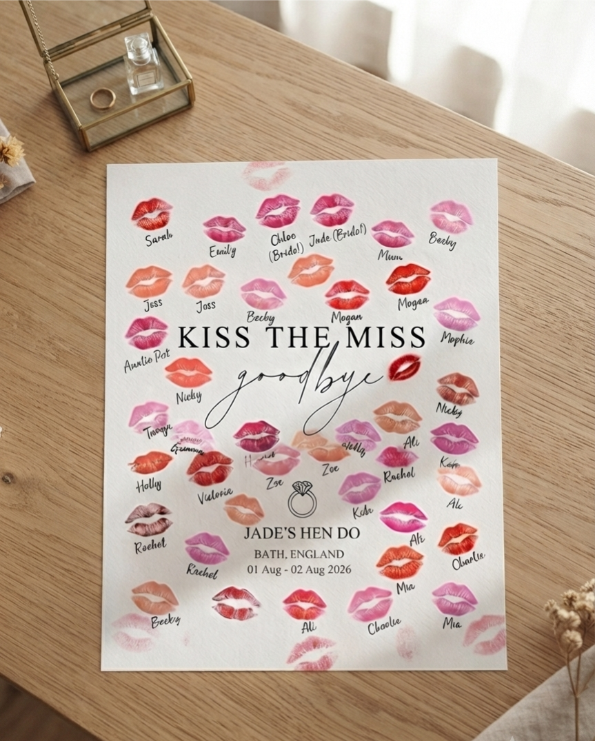 Personalised Kiss the Miss Goodbye Hen Do Print