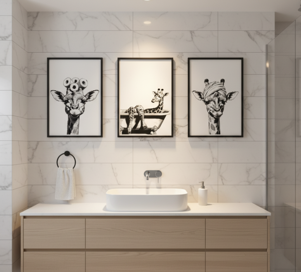 Giraffe bathroom prints set of 3