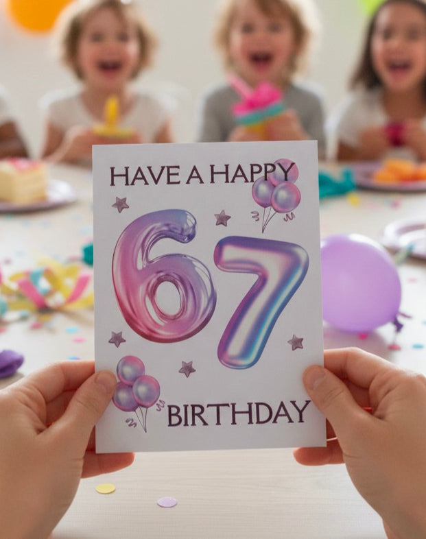 6/7 Birthday Card | Purple Balloon Numbers