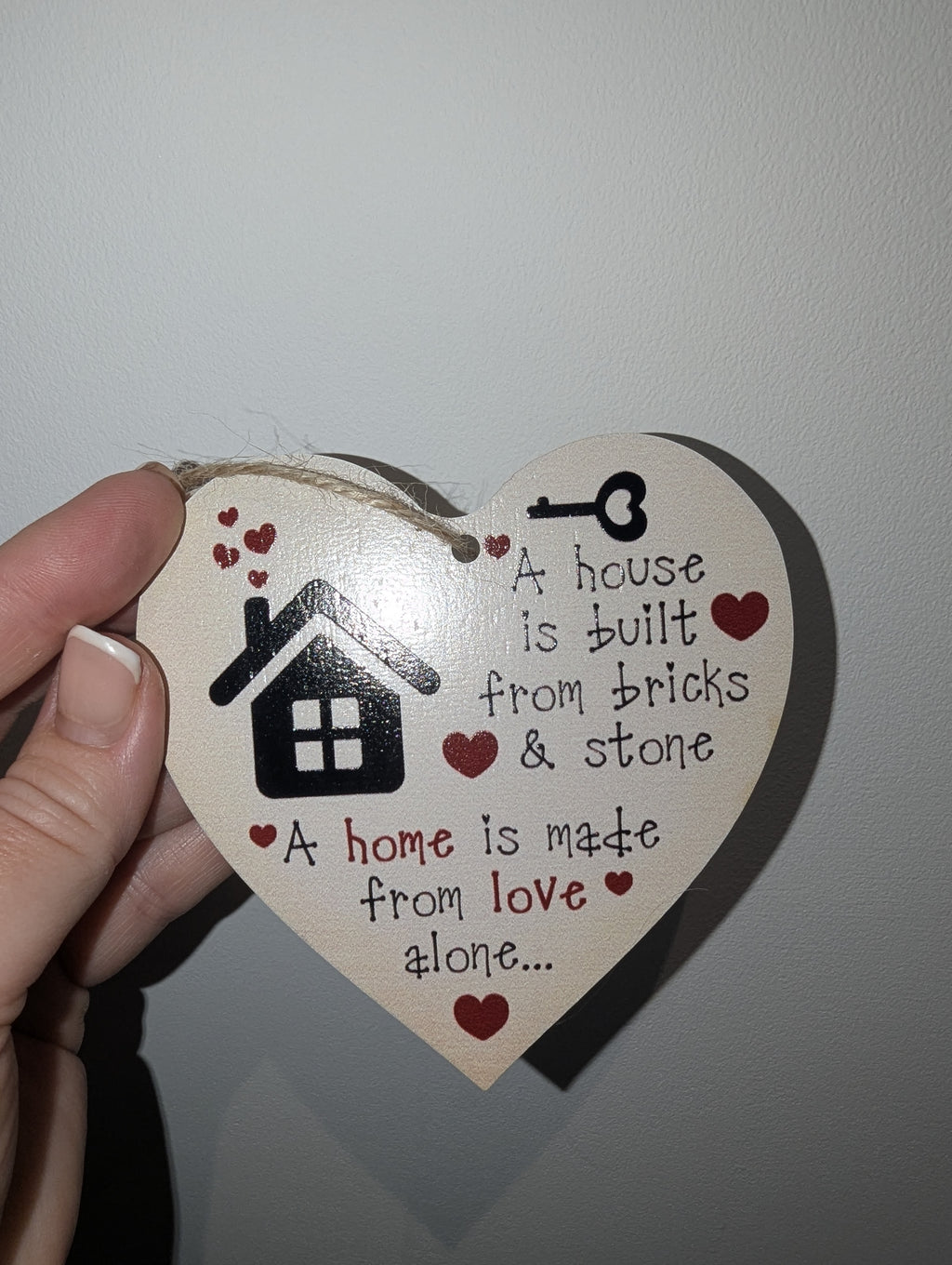 New Home Wooden Heart Plaque – A House is Built from Bricks & Stone Quote