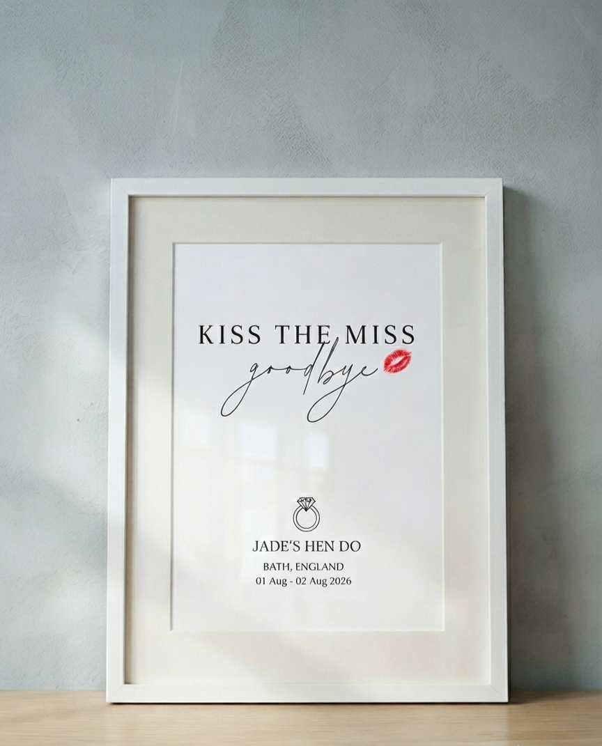 Personalised Kiss the Miss Goodbye Hen Do Print