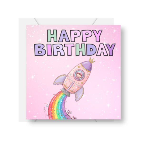 Pink Space Rocket Birthday Card