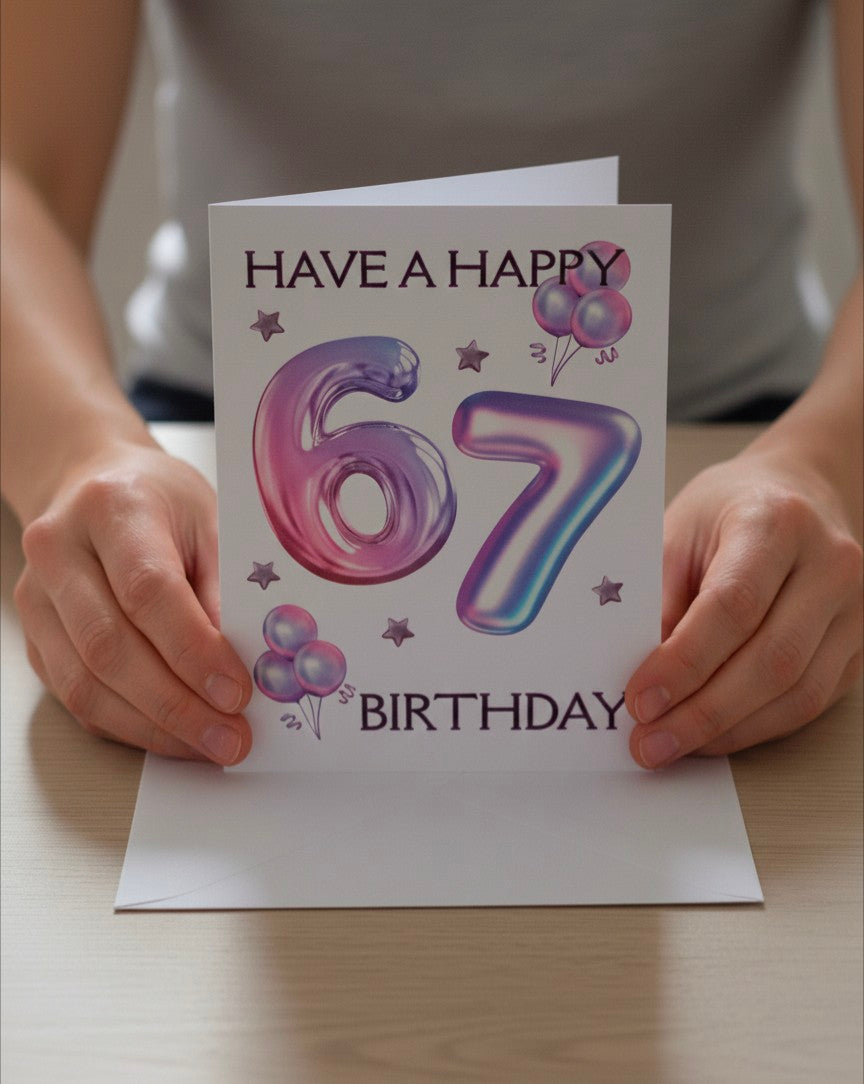 6/7 Birthday Card | Purple Balloon Numbers