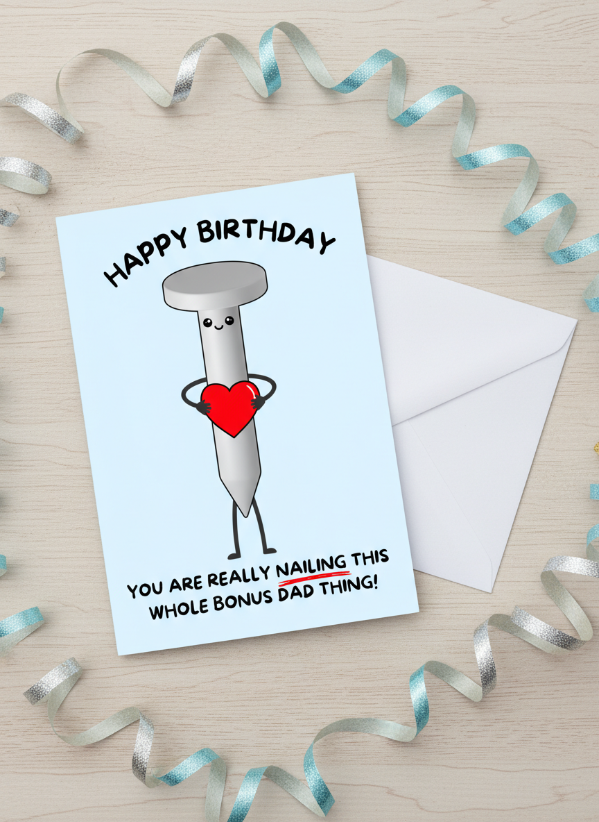 Funny Dad Birthday Card – “Nailing This Whole Bonus Dad Thing”