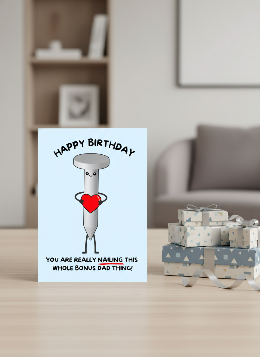 Funny Dad Birthday Card – “Nailing This Whole Bonus Dad Thing”